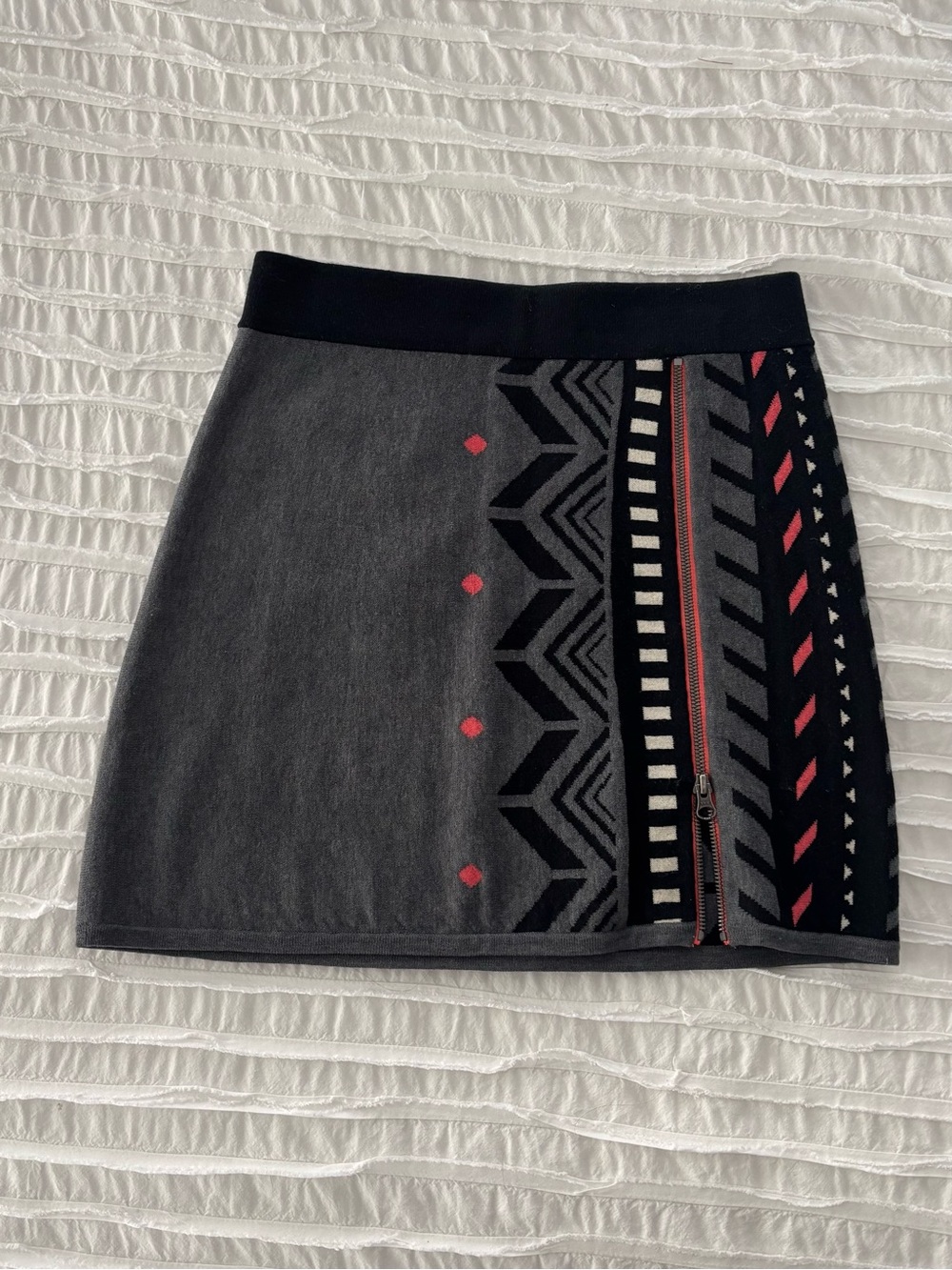 Title Nine Merino Wool Nordic Geometric Knit Zipper Mini Skirt Grey Orange XS